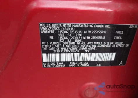 2015 Toyota Rav4 Limited from USA, damaged, VIN 2T3DFREV1FW304659